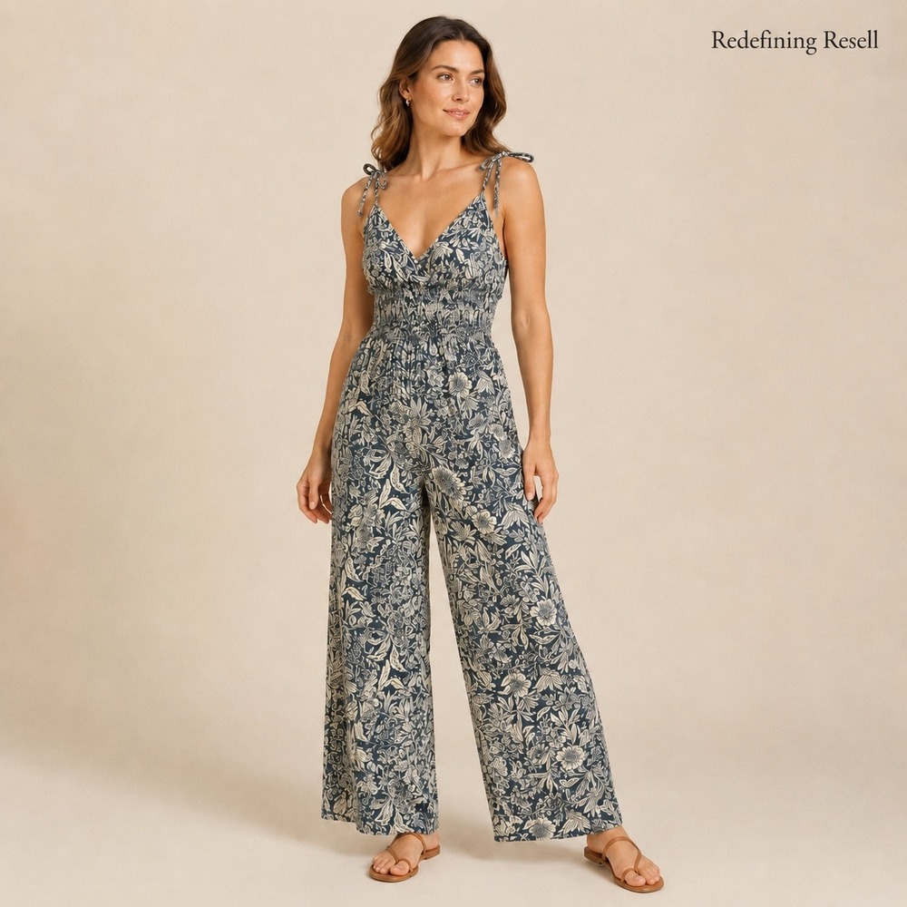 Patrons of Peace Floral Smocked Wide Leg Jumpsuit Blue Cream J1899F58 Womens S